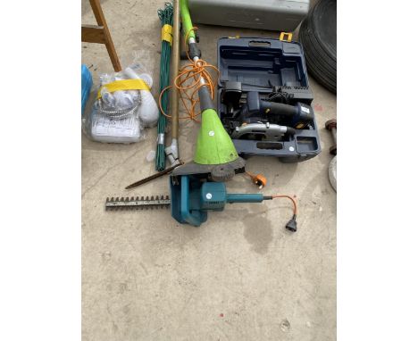 AN ASSORTMENT OF TOOLS TO INCLUDE A CIRCULAR SAW, A HEDGE TRIMMER AND A GRASS STRIMMER ETC 