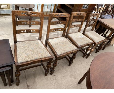 A SET OF FOUR JACOBEAN STYLE LADDER AND BULLSEYE BACK DINING CHAIRS ON BULBOUS FRONT LEGS 