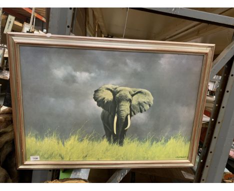 A LARGE FRAMED DAVID SHEPHERD PRINT OF AN ELEPHANT 85CM X 59CM 