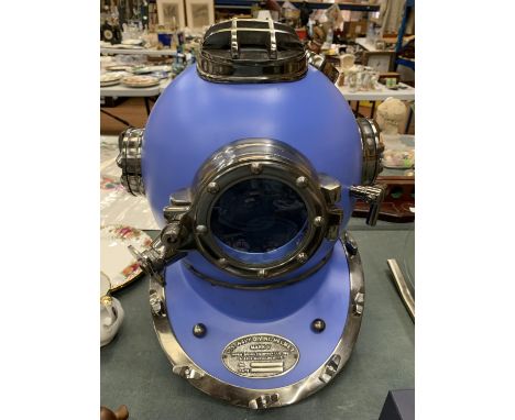 A LARGE BLUE AND CHROME DIVERS HELMET 