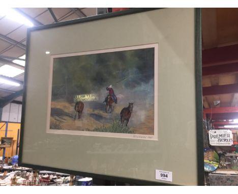 A FRAMED AND MOUNTED SIGNED PRINT 2001 BY POLLY WISCUS ARTIST OF COWBOY AND HORSES SCENE 