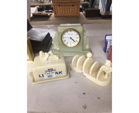 A VINTAGE CHURCHILL ONYX MARBLE MANTLE CLOCK TOGETHER WITH A LURPAK BUTTER DISH AND TOAST RACK 