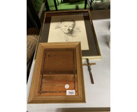 THREE ITEMS - COPPER EFFECT FRAMED PLAQUE, LIMITED EDITION PRINT OF POPE JOHN PAUL II AND A CRUCIFIX 