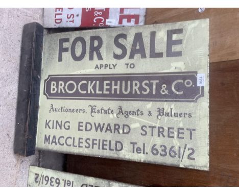 A VINTAGE DOUBLE SIDED ENAMEL 'BROCKLEHURST &amp; CO, AUCTIONEERS' FOR SALE SIGN 