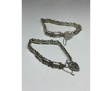 TWO SILVER THREE BAR GATE BRACELETS WITH HEART PADLOCKS 
