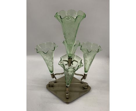A VINTAGE SILVER PLATED EPERGNE WITH GREEN ETCHED GLASS HOLDERS 