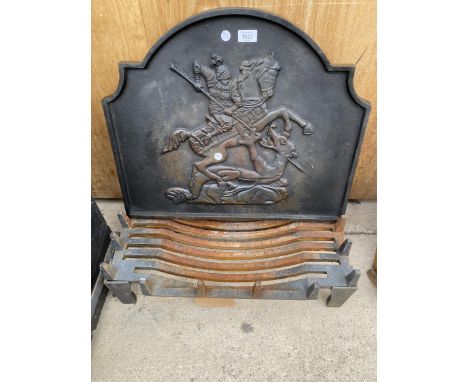 A LARGE FIRE GRATE AND A DECORATIVE CAST IRON FIRE BACK 