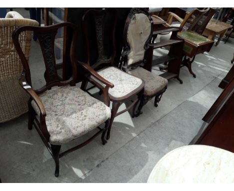 TWO EDWARDIAN MAHOGANY PARLOUR CHAIRS, SMALL MODERN SOFA TABLE, PRIE DIEU CHAIR AND SET OF WALL SHELVES 