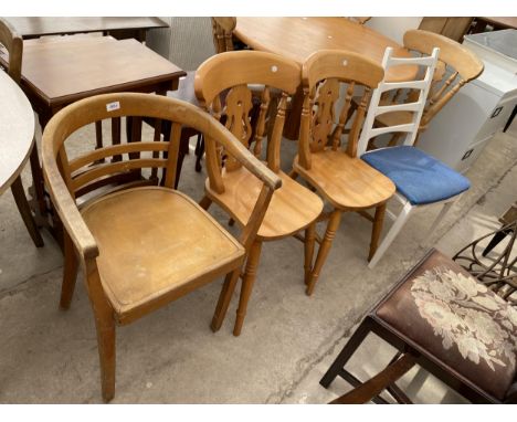 A PAIR OF VICTORIAN STYLE KITCHEN CHAIRS, A BENTWOOD ELBOW CHAIR AND A LADDER BACK DINING CHAIR 
