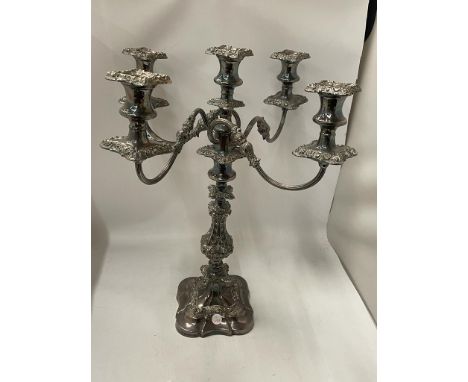 A VINTAGE SILVER PLATED FIVE BRANCH CANDLEABRA WITH PRINCE OF WALES PRESENTATION ENGRAVING TO BASE 
