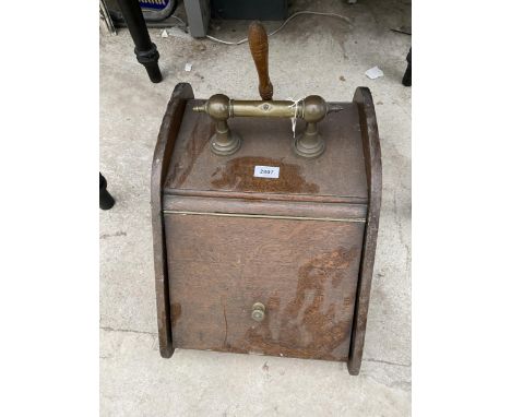 A VINTAGE OAK COAL BUCKET WITH SCOOP AND BRASS HANDLE 
