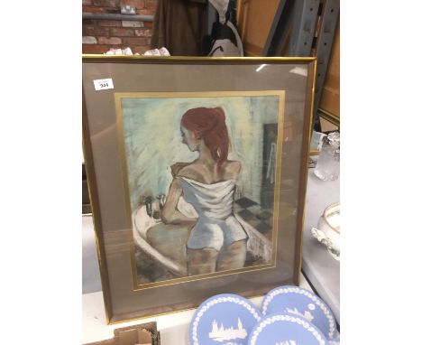 A FRAMED PRINT OF A GIRL PREPARING TO BATHE 