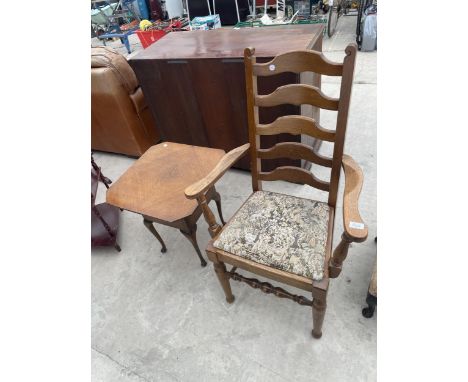 AN OAK LADDER BACK CARVER AND CHAIR AND AN OAK WORK BOX/TABLE ON CABRIOLE LEGS 