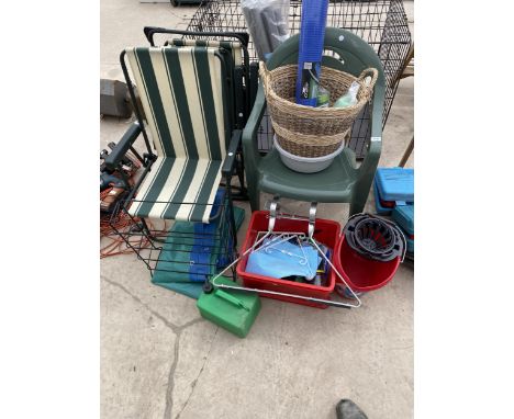 AN ASSORTMENT OF ITEMS TO INCLUDE GARDEN CHAIRS, A LADDER RACK AND A MOP BUCKET ETC 