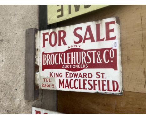 A VINTAGE DOUBLE SIDED ENAMEL 'BROCKLEHURST &amp; CO, AUCTIONEERS' FOR SALE SIGN 