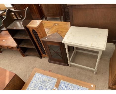 A FOUR TIER OPEN BOOKCASE, 18" WIDE, HARDWOOD CD RACK, BARLEYTWIST TABLE AND A SMALL GLAZED CORNER CUPBOARD 