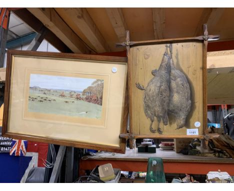 A FRAMED PRINT OF THE CHESHIRE HUNT PLUS A 3-D IMAGE OF HANGING GAME BIRDS 