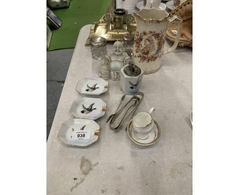 A MIXED LOT TO INCLUDE A BRASS PEN TRAY WITH GLASS INKELL, A BUDDAH, A DIAMOND JUBILEE QUEEN VICTORIA JUG, A GLASS INKWELL, P