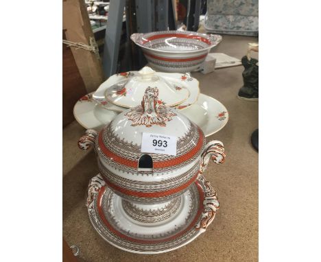 A COPELAND LATE SPODE FOOTED BOWL, SMALL TUREEN WITH LID AND SAUCER IN AN ORANGE, BROWN AND CREAM PATTERN PLUS AN ALFRED MEAK