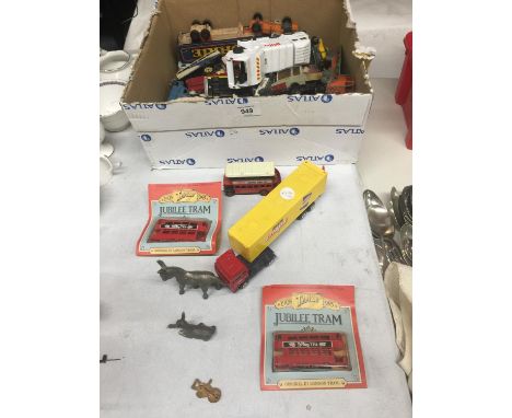 A QUANTITY OF PLAYWORN VINTAGE DIE-CAST VEHICLES PLUS A WHITE METAL MODEL OF A DONKEY AND FOAL 