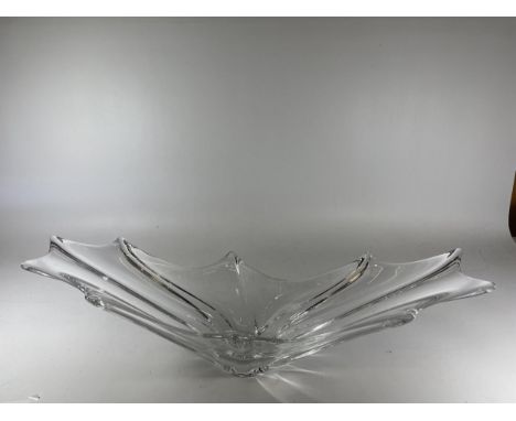 A SIGNED DAUM, FRANCE, HEAVY HANDMADE LARGE VINTAGE CRYSTAL CENTREPIECE BOWL LENGTH 62CM, WIDTH 21CM 