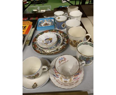 A MIXED GROUP OF COMMEMORATIVE CUPS AND SAUCERS, FINSBURY CHINA ETC 