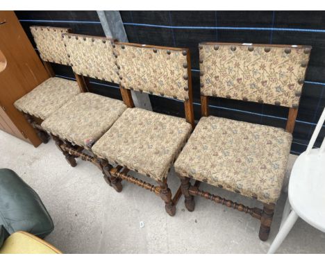 A SET OF FOUR OAK JACOBEAN STYLE DINING CHAIRS ON TURNED LEGS WITH BOBBIN STRETCHERS 