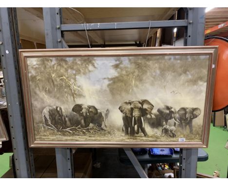 A LARGE DAVID SHEPHERD PRINT OF ELEPHANTS 110CM X 60CM 