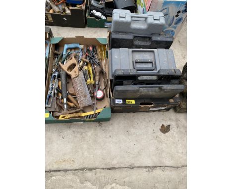 AN ASSORTMENT OF TOOLS TO INCLUDE SCREW DRIVERS, SAWS AND HAMMERS ETC 