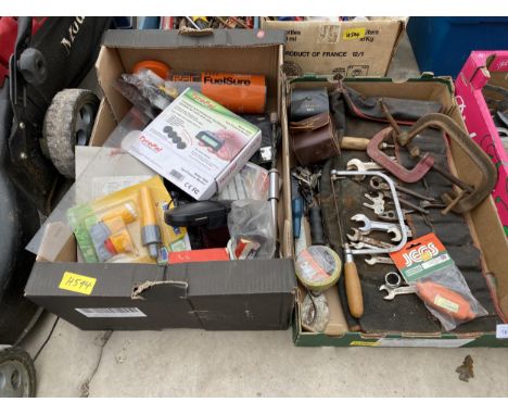 AN ASSORTMENT OF TOOLS TO INCLUDE SPANNERS, G CLAMPS AND CAR INSPECTION LAMPS ETC 