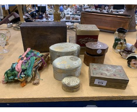 A QUANTITY OF VINTAGE CLOTH AND WOODEN BOXES PLUS TAPESTRY THREADS 