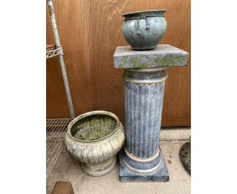 A POT PEDESTAL BASE, A SMALL COPPER BOWL AND A FURTHER PLANTER 