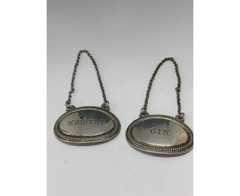 TWO WHITE METAL DECANTER LABELS 