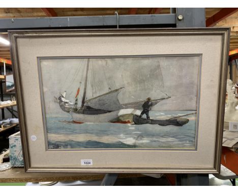 A WATERCOLOUR PRINT BY THE AMERICAN ARTIST WINSLOW HOMER - "STOWING SAIL" ON IVORY WOVEN PAPER 