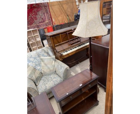 A MAHOGANY AND CROSSBANDED TWO TIER OPEN BOOKCASE WITH TWO FRIEZE DRAWERS, 30" WIDE COMPLETE WITH MODERN STANDARD LAMP WITH S