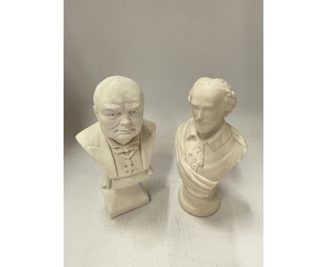 TWO VINTAGE BUSTS OF WINSTON CHURCHILL AND WILLIAM SHAKESPEARE IN MARBLE 