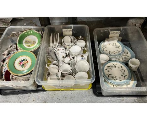 TWO BOXES OF CUPS, SAUCERS, PLATES, SIDE PLATES, ETC., TO INCLUDE PARAGON, WEDGWOOD, MINTON, ETC., 