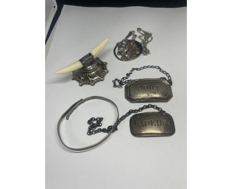 TWO HALLMARLKED SILVER DECANTER LABELS, A BANGLE, NECLACE AND PENDANT AND A RING STAND 