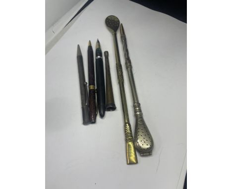 VARIOUS VINTAGE ITEMS TO INCLUDE A ALPACO INDUSTRIA ARGENTINA STRAW, A FURTHER EXAMPLE, THREE PENS ONE WITH 14CT NIB AND AN E