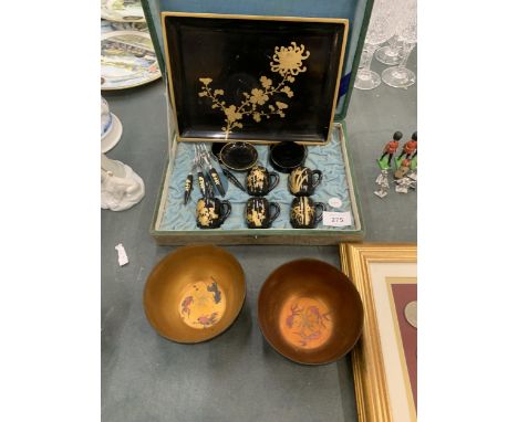 A VINTAGE CASED ORIENTAL LACQUERED TEA SET AND FURTHER BOWLS 