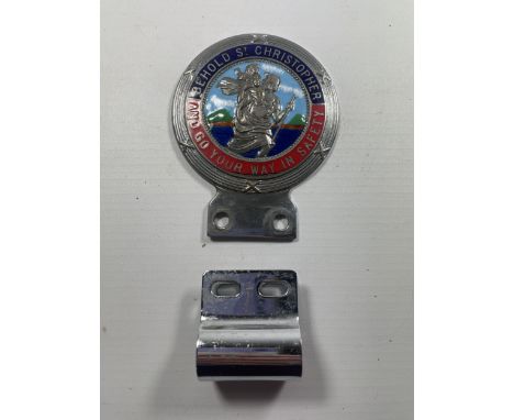 A VINTAGE ENAMEL BEHOLD ST CHRISTOPHER AND GO YOUR WAY IN SAFETY BUMPER BADGE WITH CLIP 