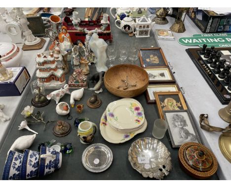 A MIXED GROUP OF ITEMS TO INCLUDE CONTINENTAL FIGURAL CANDLESTICK, STAFFORDSHIRE FIGURES, PICTURES ETC 