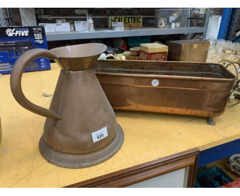 A COPPER RECTANGULAR PLANTER WITH HANDLES PLUSA COPPER JUG 