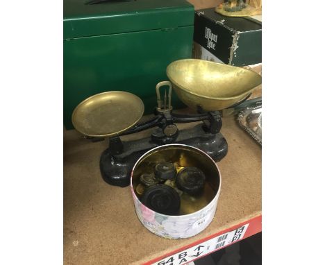 A SET OF VINTAGE CAST LIBRASCO SCALES WITH BRASS PANS AND WEIGHTS 