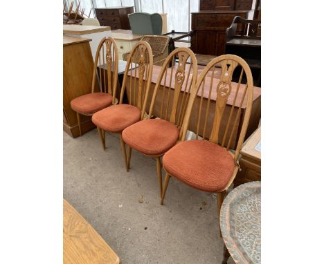 A SET OF FOUR ERCOL ELM SWAN BACK BLONDE DINING CHAIRS 