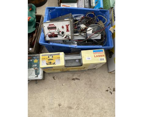 AN ASSORTMENT OF TOOLS TO INCLUDE BATTERY CHARGERS AND A LASER LEVEL ETC 