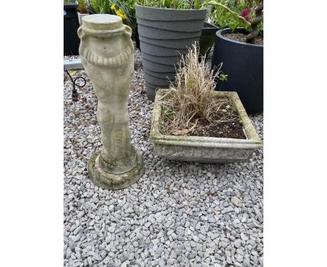 A RECONSTITUTED STONE SQUARE PLANTER AND A CHERUB FIGURE 