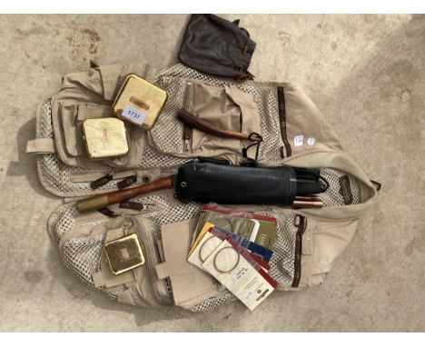 AN ASSORTMENT OF VINTAGE FISHING TEMS TO INCLUDE TWO PRIESTS, THREE BRASS BAIT TINS, HARDY LEADERS AND A SNOWBEE XS PRO GILET