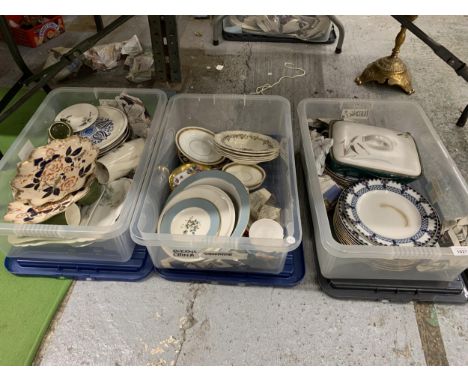 THREE BOXES OF CERAMICS TO INCLUDES PLATES, SAUCERS, BOWLS, CUPS ETC., BY ROYAL DOULTON, QUEEN'S WARE, DENBY, QUEEN ANNE, ETC