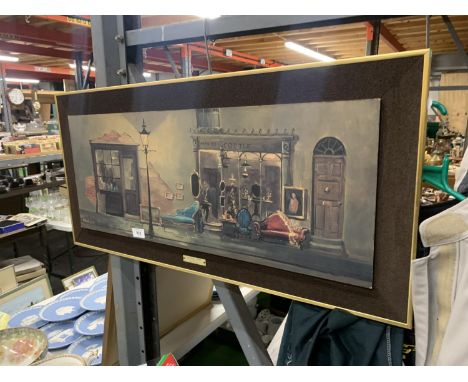 A DEBORAH JONES 'ANTIQUE SHOP' PRINT 87CM X 41CM 